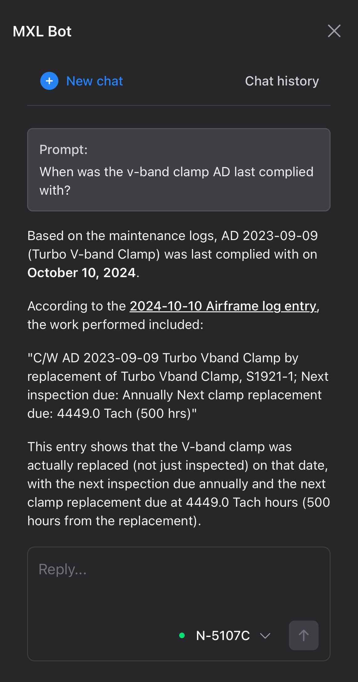 Chat conversation asking about a v-band clamp AD with a linked source log entry