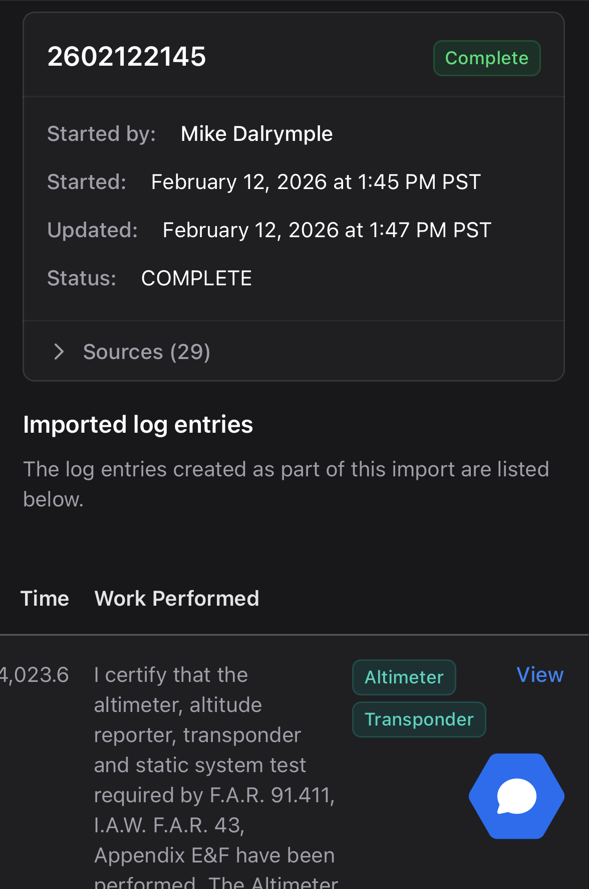 Imported log entries showing extracted dates, components, work performed, and scanned attachments
