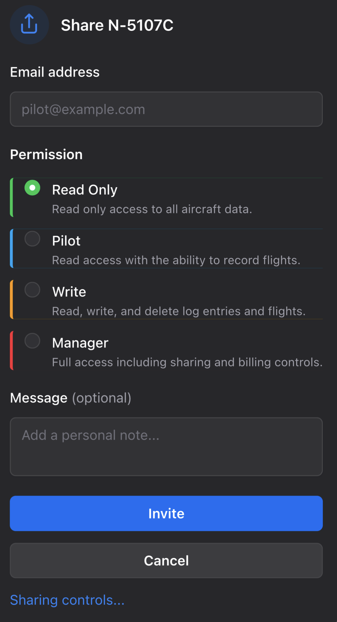 Share dialog showing permission levels: Read Only, Pilot, Write, and Manager